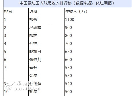 中国足球国内球员收入排行榜